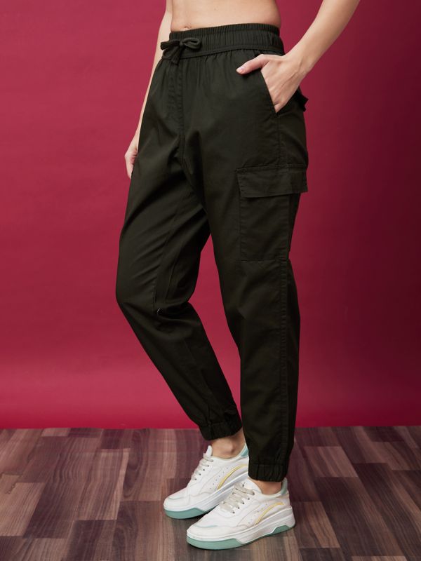 Globus Women Olive Mid-Rise Elasticated Drawstring Waist Cargo Joggers