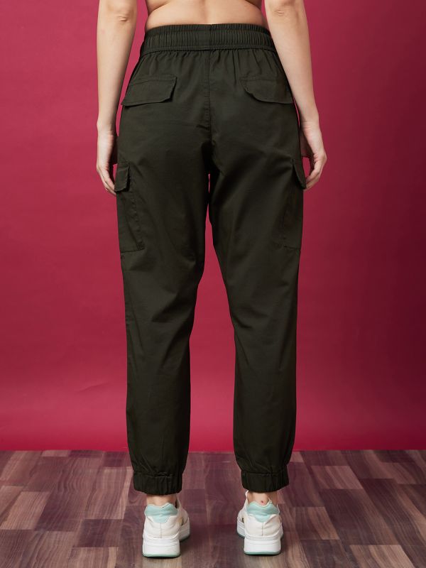 Globus Women Olive Mid-Rise Elasticated Drawstring Waist Cargo Joggers