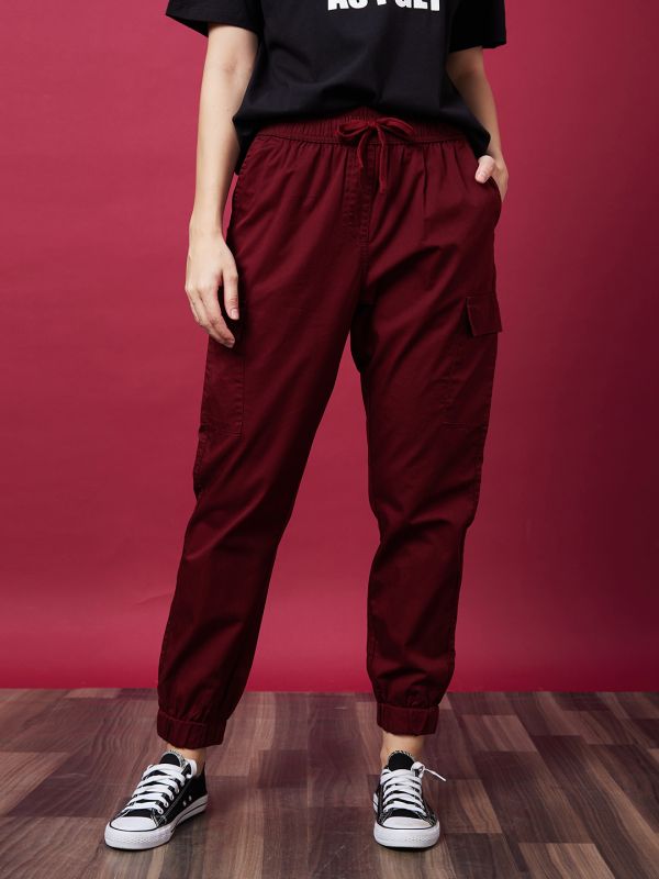 Globus Women Rust Red Mid-Rise Elasticated Drawstring Waist Cargo Joggers