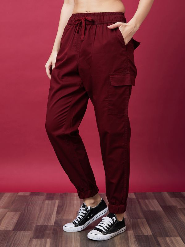 Globus Women Rust Red Mid-Rise Elasticated Drawstring Waist Cargo Joggers