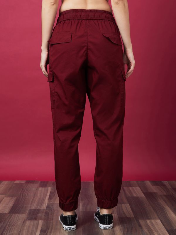 Globus Women Rust Red Mid-Rise Elasticated Drawstring Waist Cargo Joggers