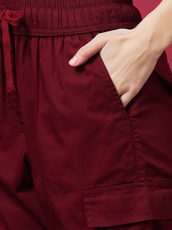 Globus Women Rust Red Mid-Rise Elasticated Drawstring Waist Cargo Joggers