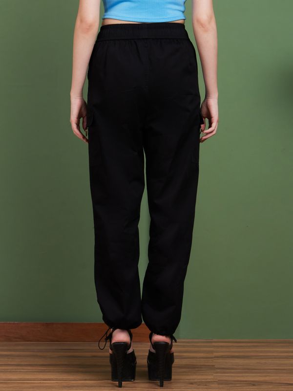 Globus Women Black Solid Cotton Straight Fit Casual Cargo Trousers