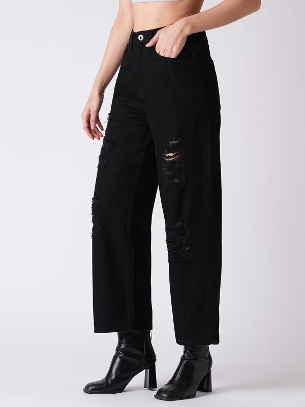 Globus Women Black Boyfriend Fit Distressed Jeans
