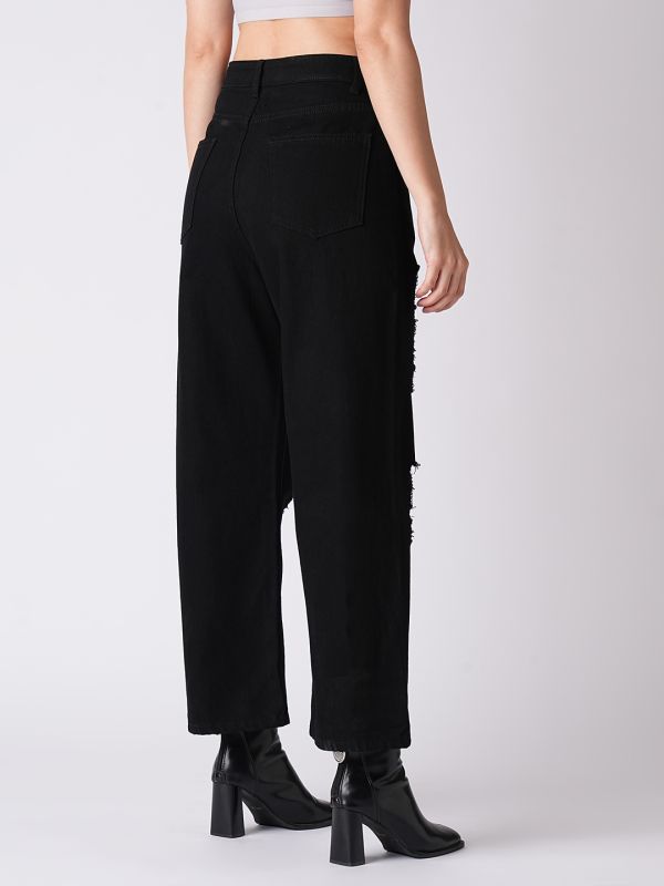 Globus Women Black Boyfriend Fit Distressed Jeans