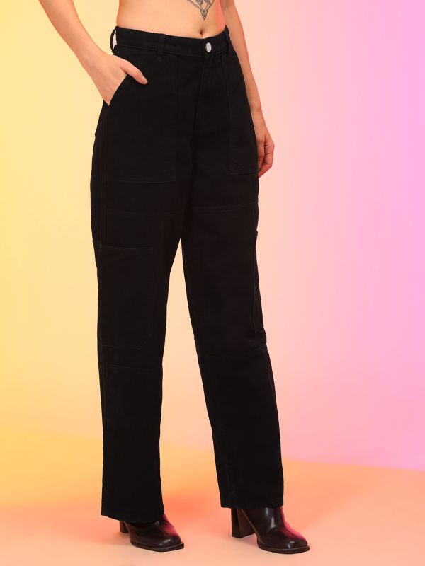 Globus Women Black Straight Fit Cargo Style Jeans With Belt Hoops