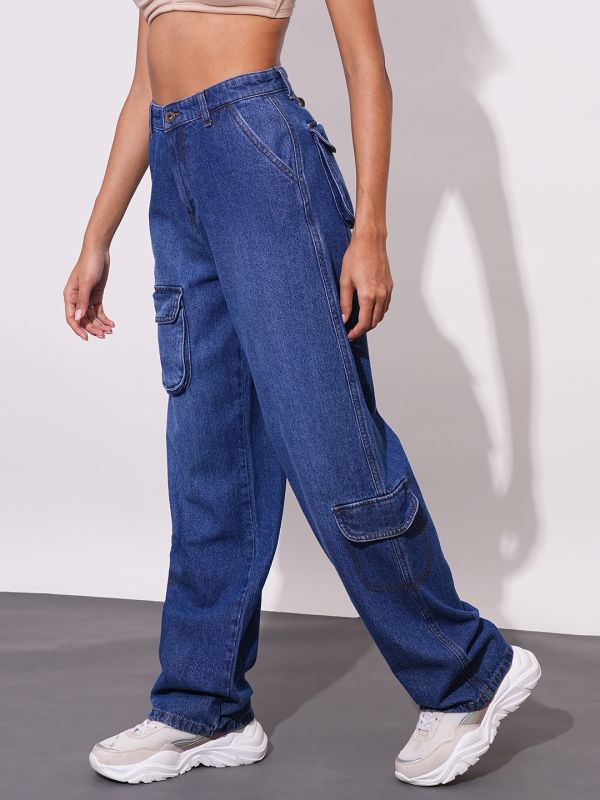 Globus Women Med Blue Straight Fit Mid-Rise Clean Look Heavy Fade Cotton Cargo Style Jeans