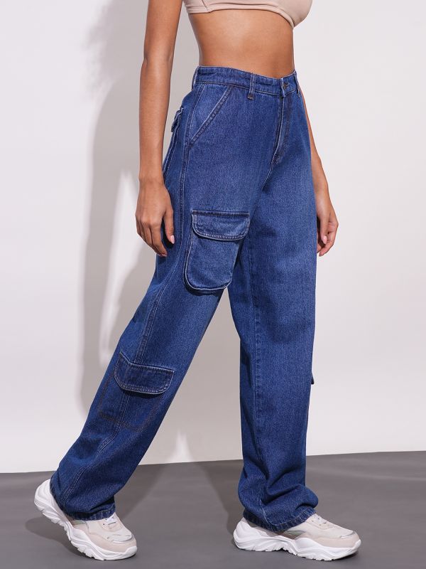 Globus Women Med Blue Straight Fit Mid-Rise Clean Look Heavy Fade Cotton Cargo Style Jeans