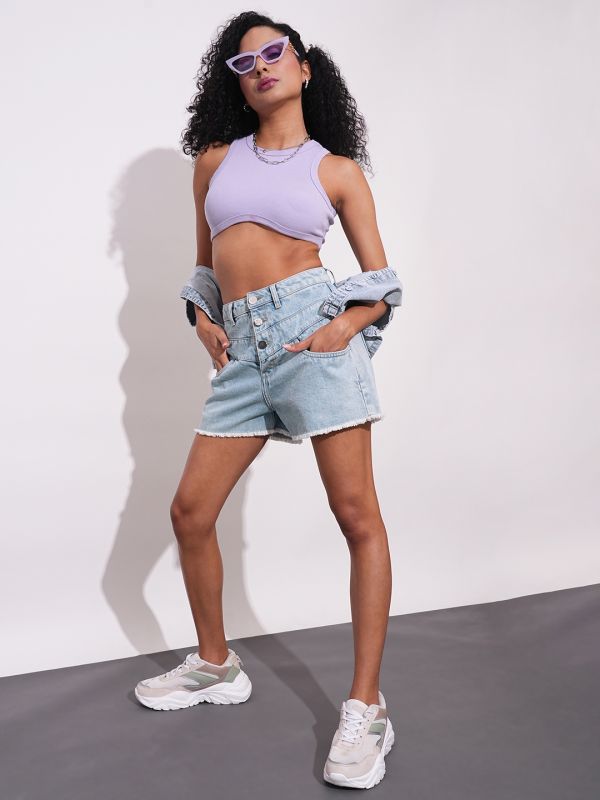 Globus Women Light Blue Slim Fit Mid-Rise Washed Frayed Hem Denim Shorts