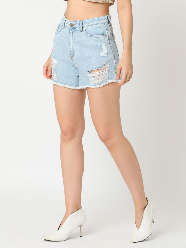 Globus Women Light Blue Mid Rise Washed Distressed Frayed Hem Denim Shorts