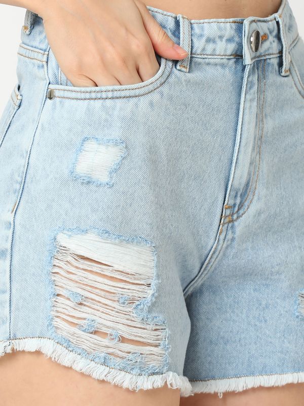 Globus Women Light Blue Mid Rise Washed Distressed Frayed Hem Denim Shorts