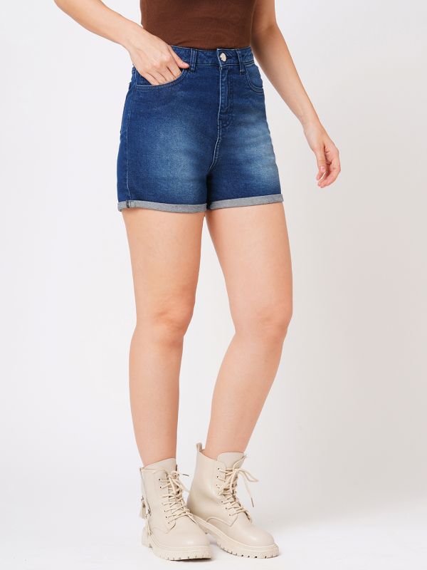 Globus Women Dark Blue Stretchable Mid-Rise Slim Fit Washed Denim Shorts