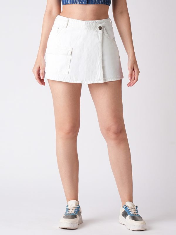Globus Women White Slim Fit Mid-Rise Front Pocket Denim Skorts