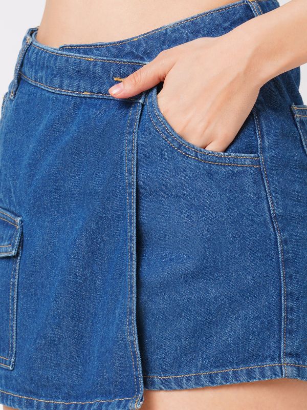 Globus Women Med Blue Slim Fit Mid-Rise Front Pocket Denim Skorts