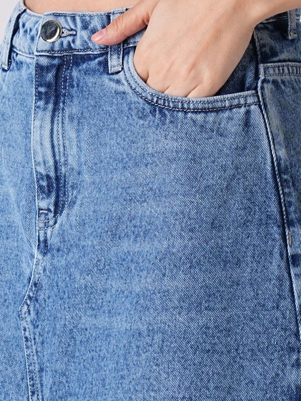 Globus Women Light Blue Front Slit Fringed A-Line Maxi Denim Skirt