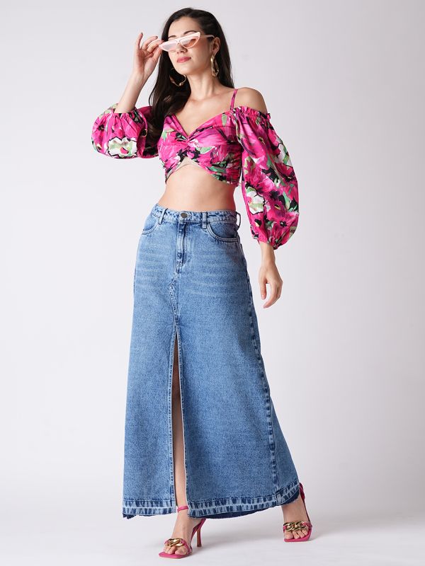 Globus Women Light Blue Front Slit Fringed A-Line Maxi Denim Skirt