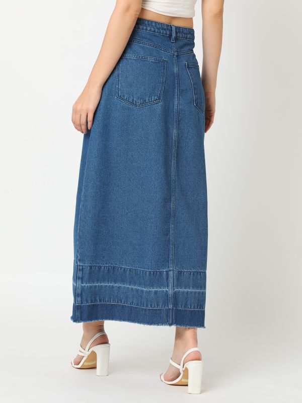 Globus Women Med Blue Washed Denim Front Slit A-Line Midi Skirt