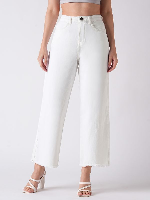 Globus Women White Frayed Wide Leg Mid-Rise Light Shade Clean Look Pure Cotton Jeans