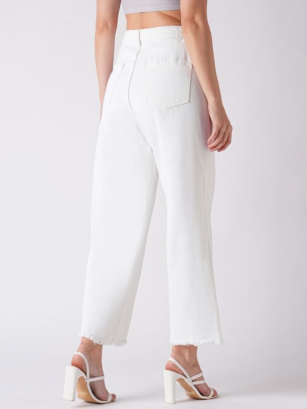 Globus Women White Frayed Wide Leg Mid-Rise Light Shade Clean Look Pure Cotton Jeans