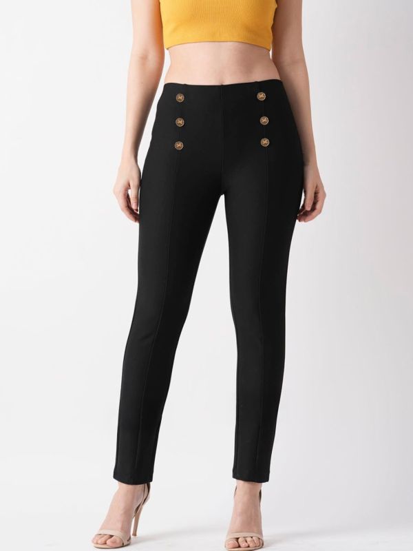 Globus Women Black Stretchable Flat Front Button Detail Skinny Fit Workwear Treggings