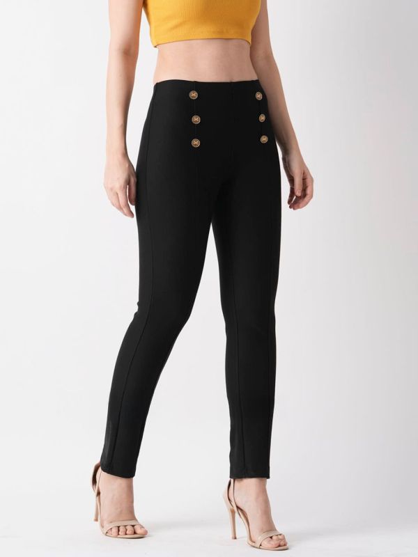 Globus Women Black Stretchable Flat Front Button Detail Skinny Fit Workwear Treggings