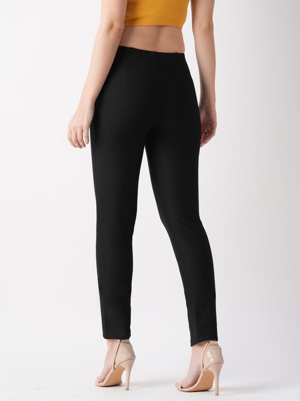Globus Women Black Stretchable Flat Front Button Detail Skinny Fit Workwear Treggings