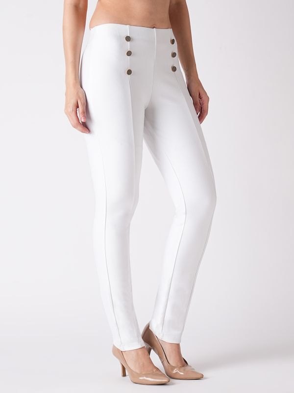 Globus Women White Stretchable Mid Rise Skinny Fit Workwear Treggings