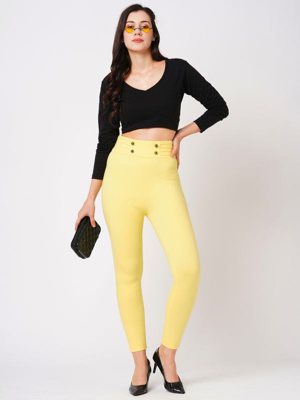Globus Women Lime Yellow Stretchable Mid-Rise Pintuck Waist Skinny Fit Workwear Treggings