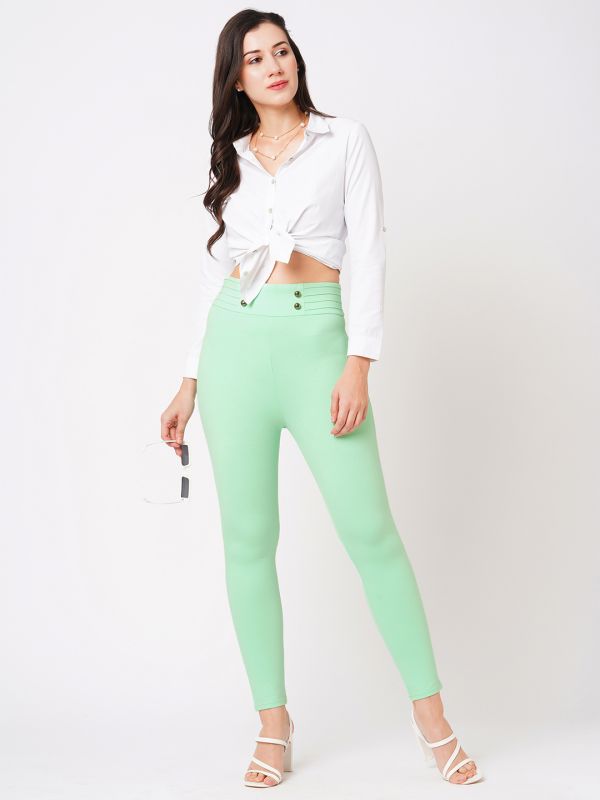 Globus Women Mint Green Stretchable Mid-Rise Pintuck Waist Skinny Fit Workwear Treggings