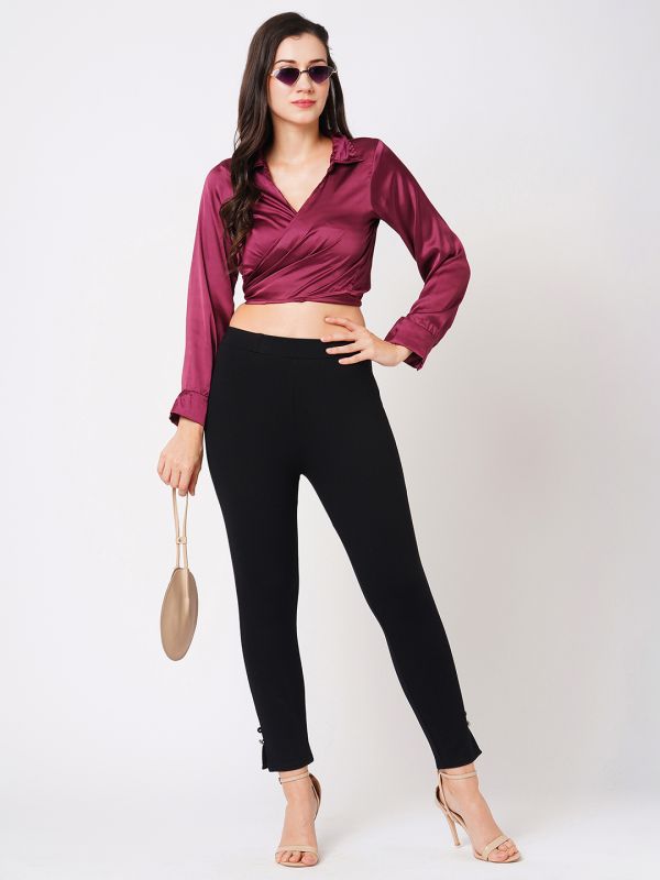 Globus Women Black Stretchable Mid-Rise Woven Skinny Fit Workwear Treggings