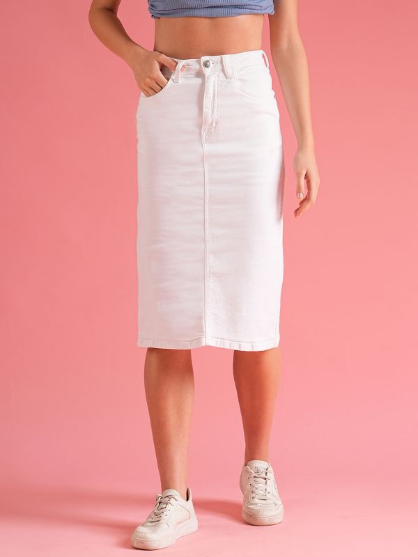 Globus Women White Back Slit Denim Pencil Skirt