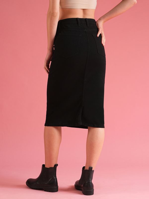 Globus Women Black Back Slit Denim Pencil Skirt