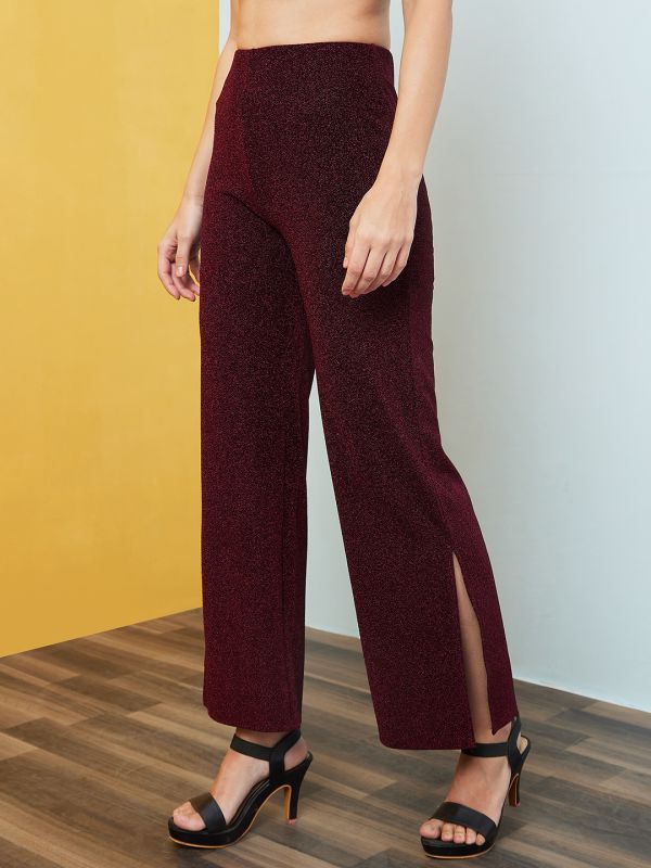 Globus Women Wine Solid Metallic Sheen Party Wear Tregging