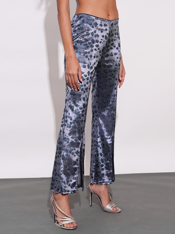 Globus Women Gunmetal Printed Polyester Flared Party Trousers