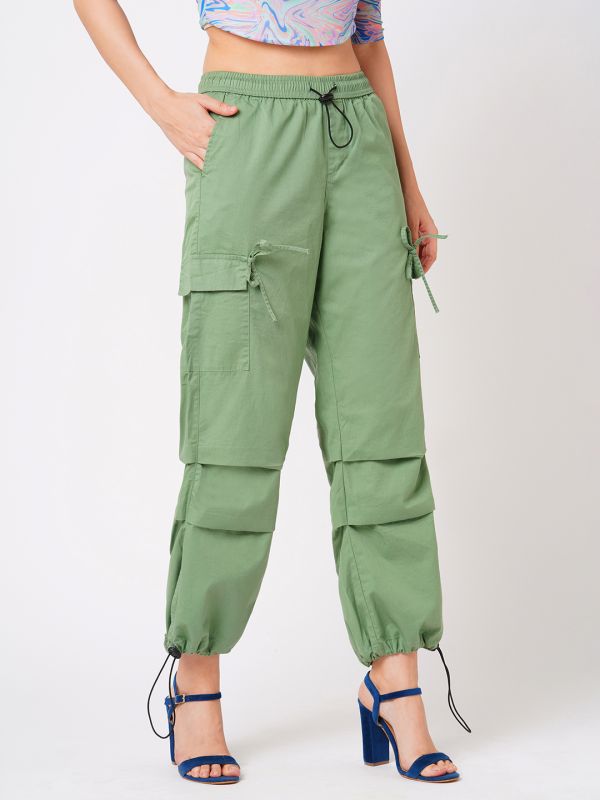 Globus Women Powder Green Loose Fit Mid-Rise Flat Front Cargo Trousers
