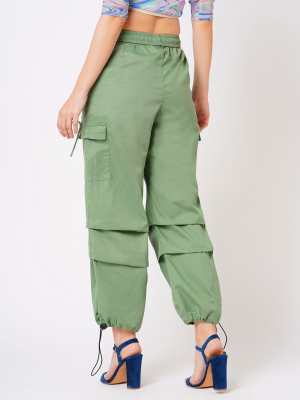 Globus Women Powder Green Loose Fit Mid-Rise Flat Front Cargo Trousers