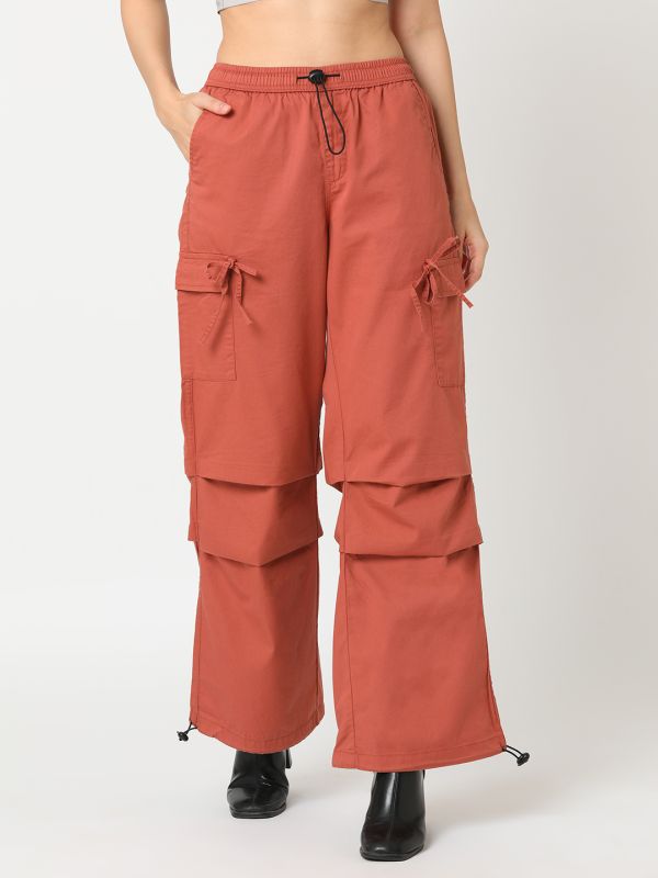 Globus Women Rust Washed Relaxed Straight Leg Cargo With Adjustable Toggles Hem 