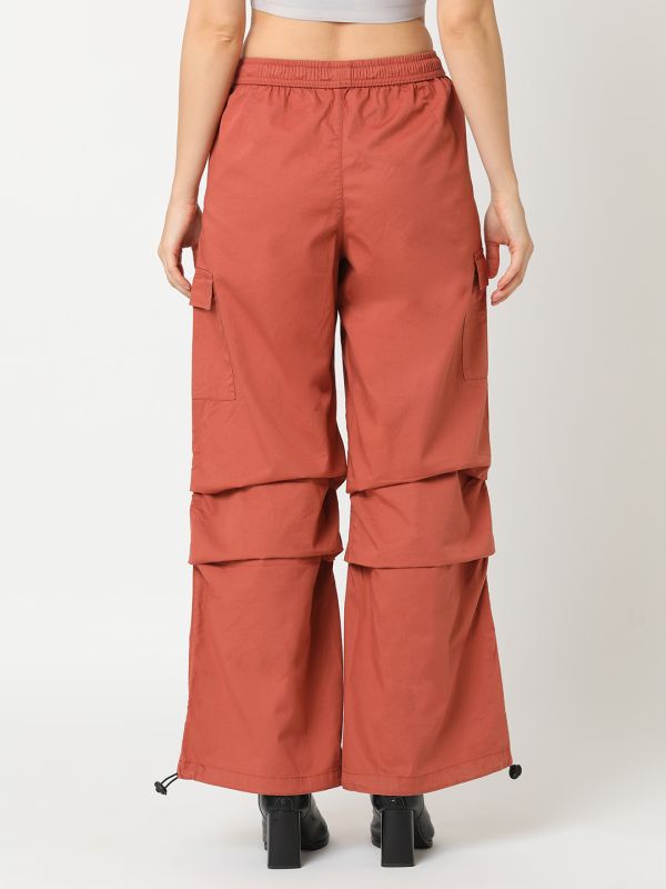 Globus Women Rust Washed Relaxed Straight Leg Cargo With Adjustable Toggles Hem 